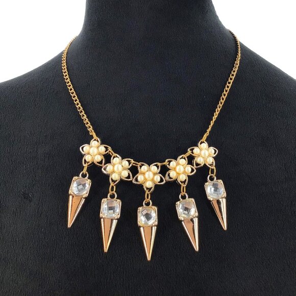 Spike Fringe Necklace Faux Pearl Flowers Gold Tone Rhinestone - Picture 1 of 2